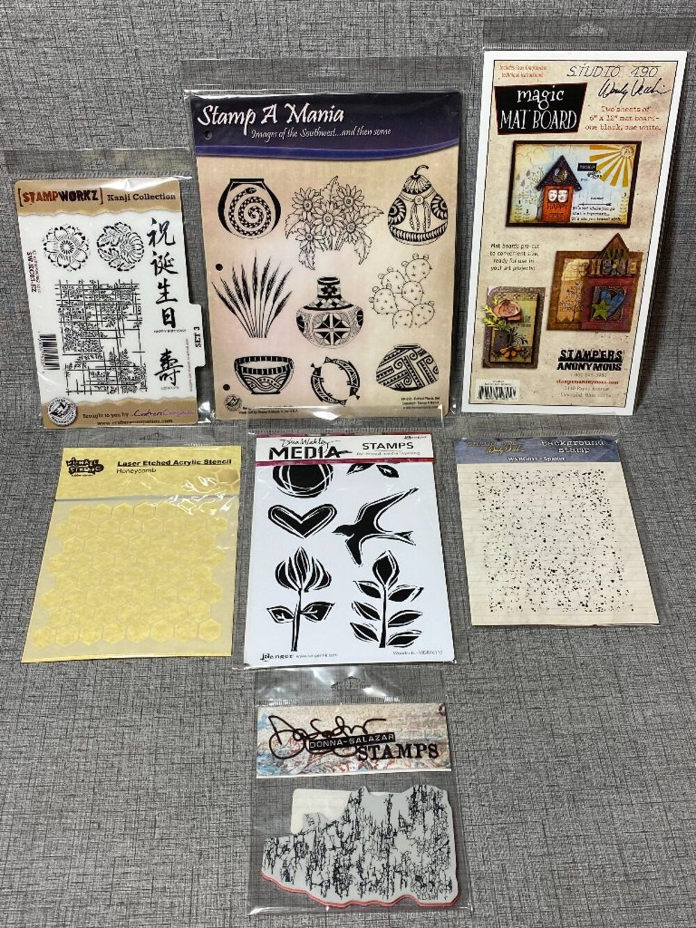 NOS Ranger Stampers Anonymous Magic Mat Board Rubber Stamps & Stencil 7pc Lot